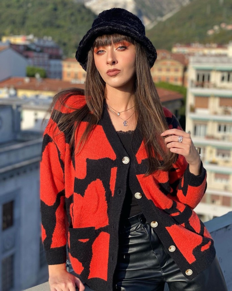 Multi Color tops,Contrast Color tops,Pocket Design Button Up Long Sleeve Cardigan