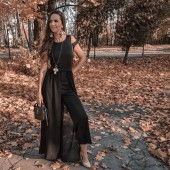 Black jumpsuits&rompers,Plain Color jumpsuits&rompers,ROTITA High Waist Round Neck Chiffon Overlay Black Jumpsuit