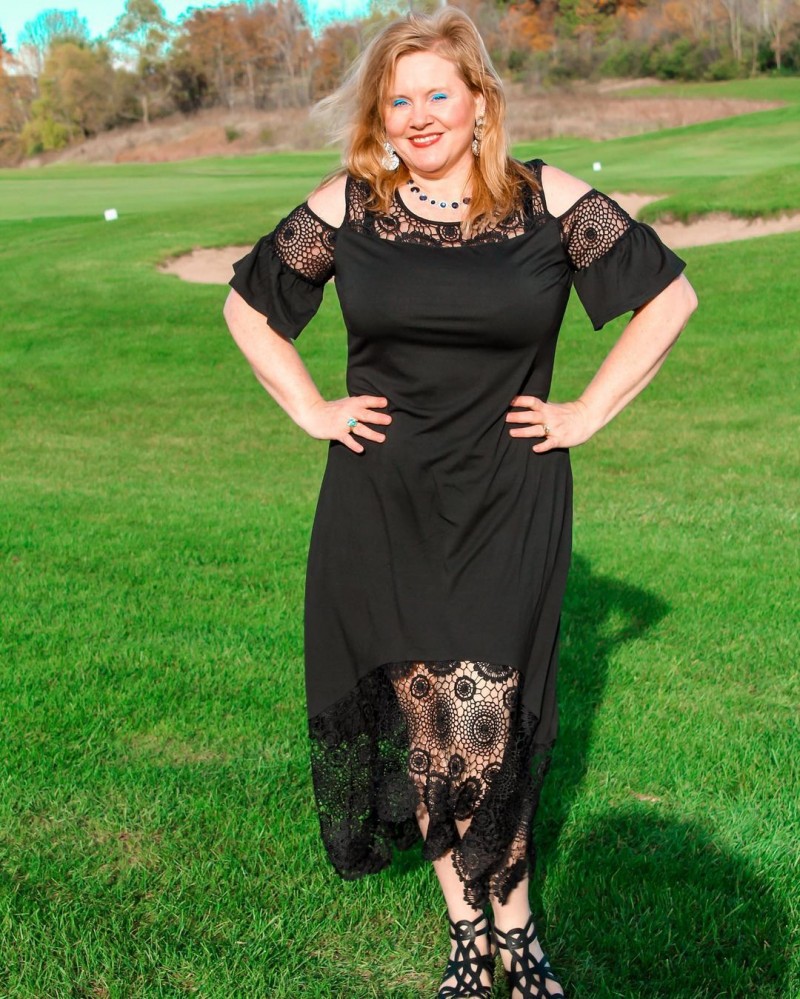 Black dresses,Plain Color dresses,Party dresses,Elegant dresses,ROTITA Flare Cuff Cold Shoulder Lace Panel Crochet Detail Dress