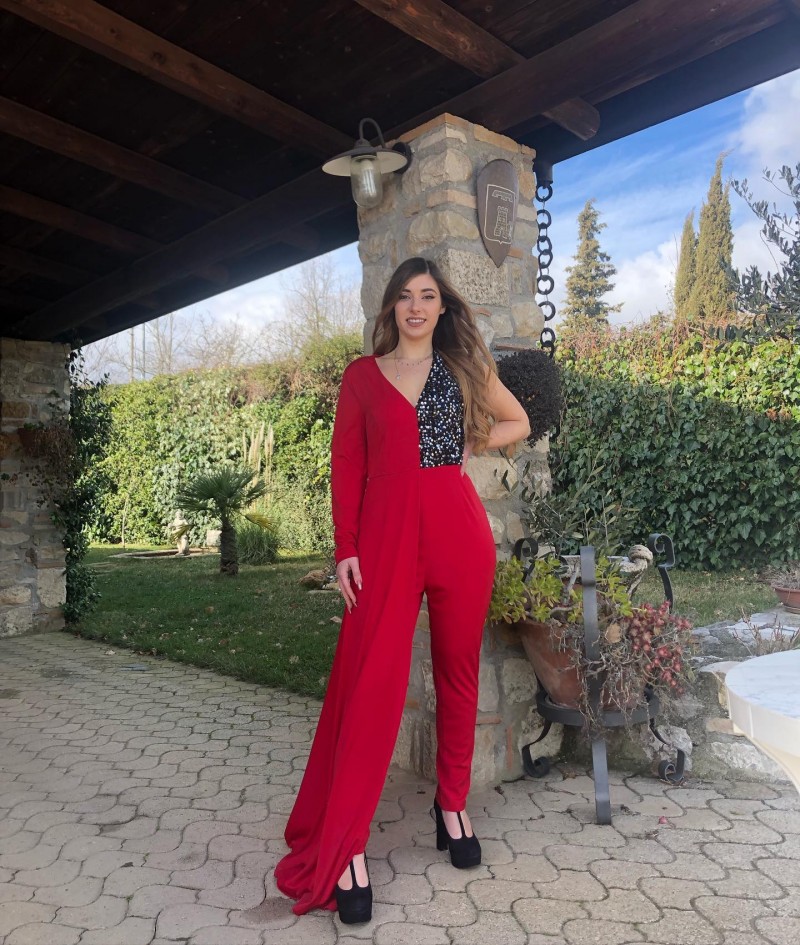 Red jumpsuits&rompers,Contrast Color jumpsuits&rompers,ROTITA V Neck Sequin Contrast One Shoulder Jumpsuit