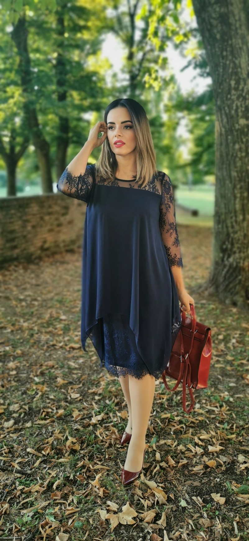 Navy dresses,Plain Color dresses,Party dresses,Elegant dresses,ROTITA Three Quarter Sleeve Chiffon Overlay Navy Blue Lace Dress