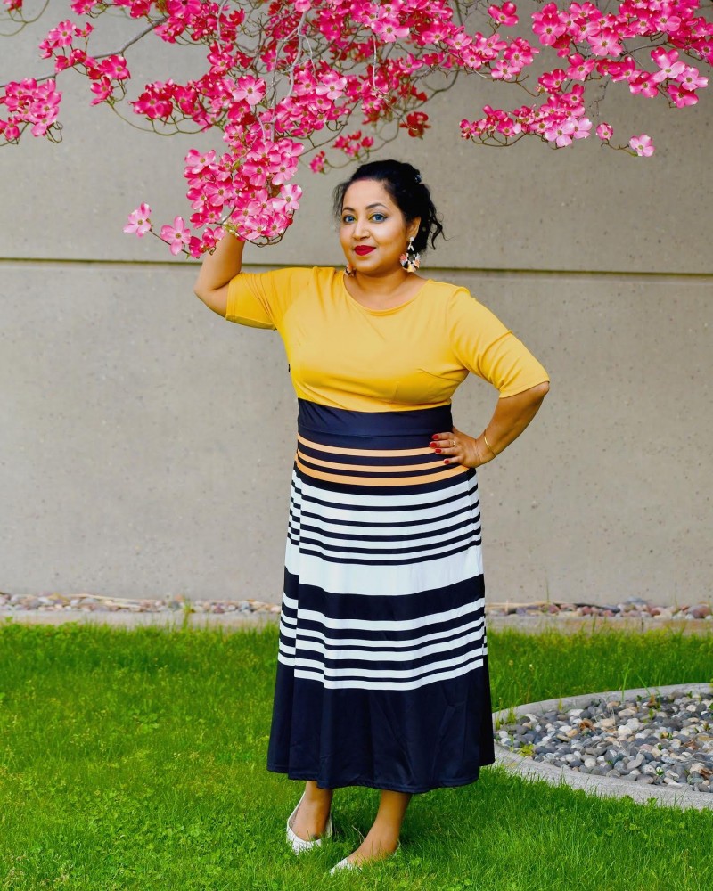 Multi Color dresses,Striped dresses,Party dresses,Elegant dresses,ROTITA Striped Contrast Round Neck A Line Dress