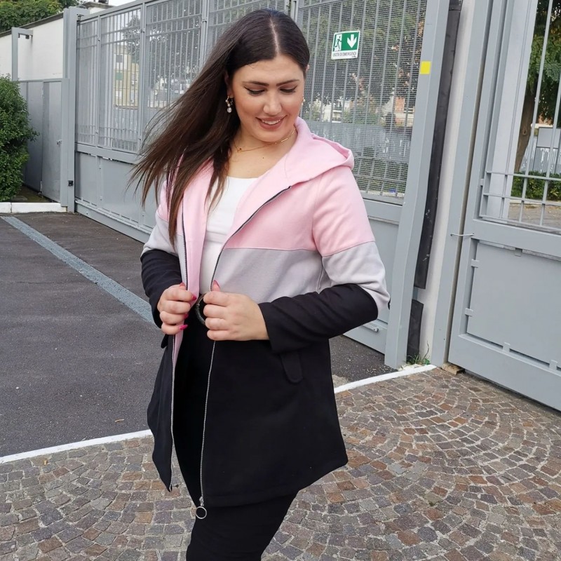 Pink tops,Contrast Color tops,ROTITA Zipper Contrast Color Pink Hooded Long Sleeve Jacket