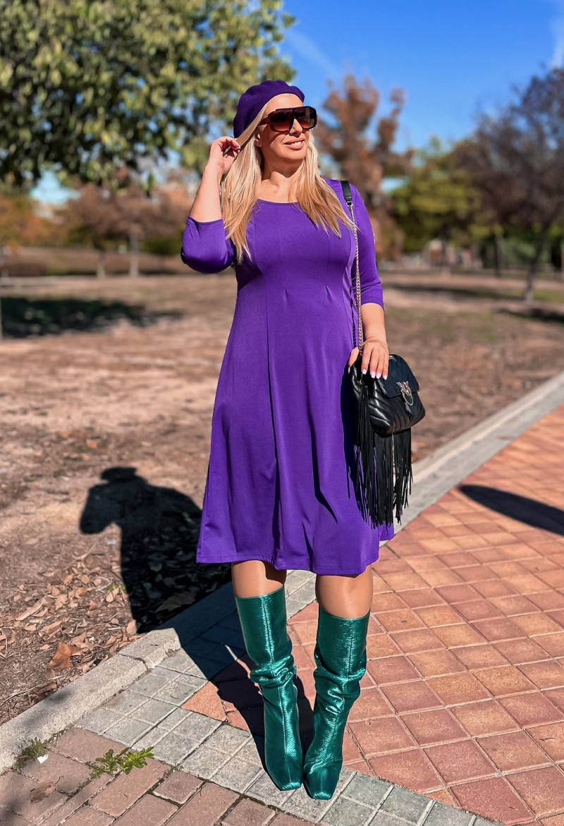Purple dresses,Plain Color dresses,Everyday dresses,Casual dresses,ROTITA 3/4 Sleeve Purple Round Neck Dress