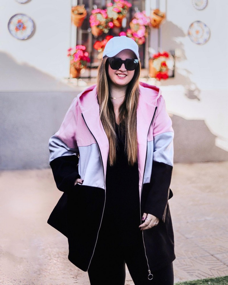 Pink tops,Contrast Color tops,ROTITA Zipper Contrast Color Pink Hooded Long Sleeve Jacket