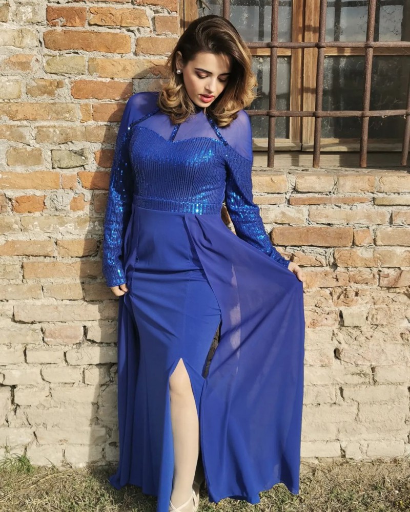 Royal Blue dresses,Plain Color dresses,Party dresses,Elegant dresses,ROTITA Shinning Sapphire Blue Stand Collar Maxi Dress