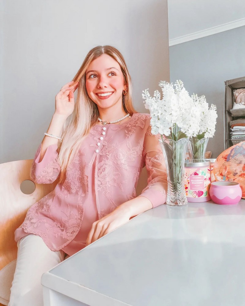 Light Pink tops,Plain Color tops,ROTITA Lace Stitching Light Pink Faux Two Piece Blouse