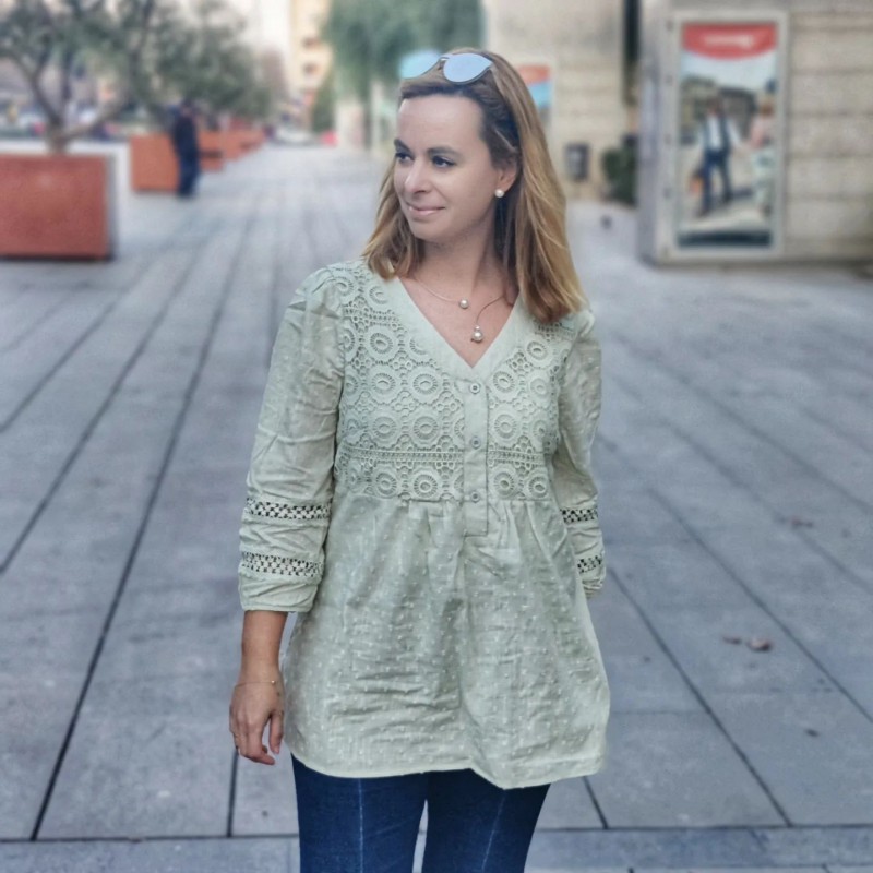 Light Green tops,Plain Color tops,ROTITA Lace Light Green Split Neck 3/4 Sleeve Blouse