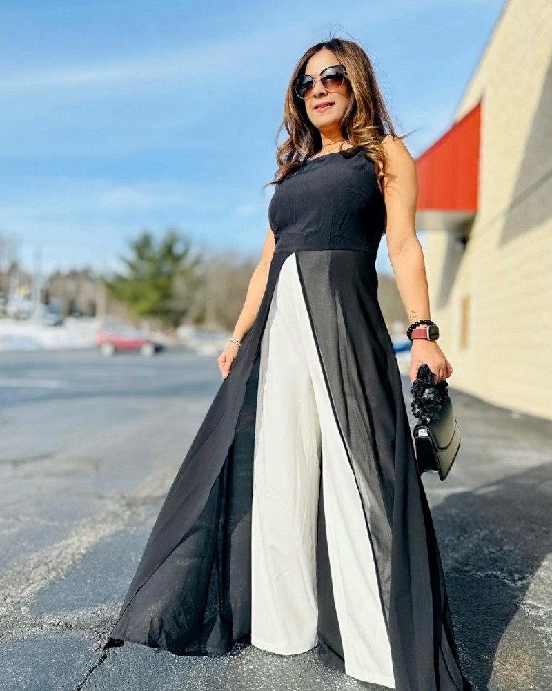 Black jumpsuits&rompers,White jumpsuits&rompers,Contrast Color jumpsuits&rompers,ROTITA Split Black Ankle Length Straight Leg Round Neck Jumpsuit