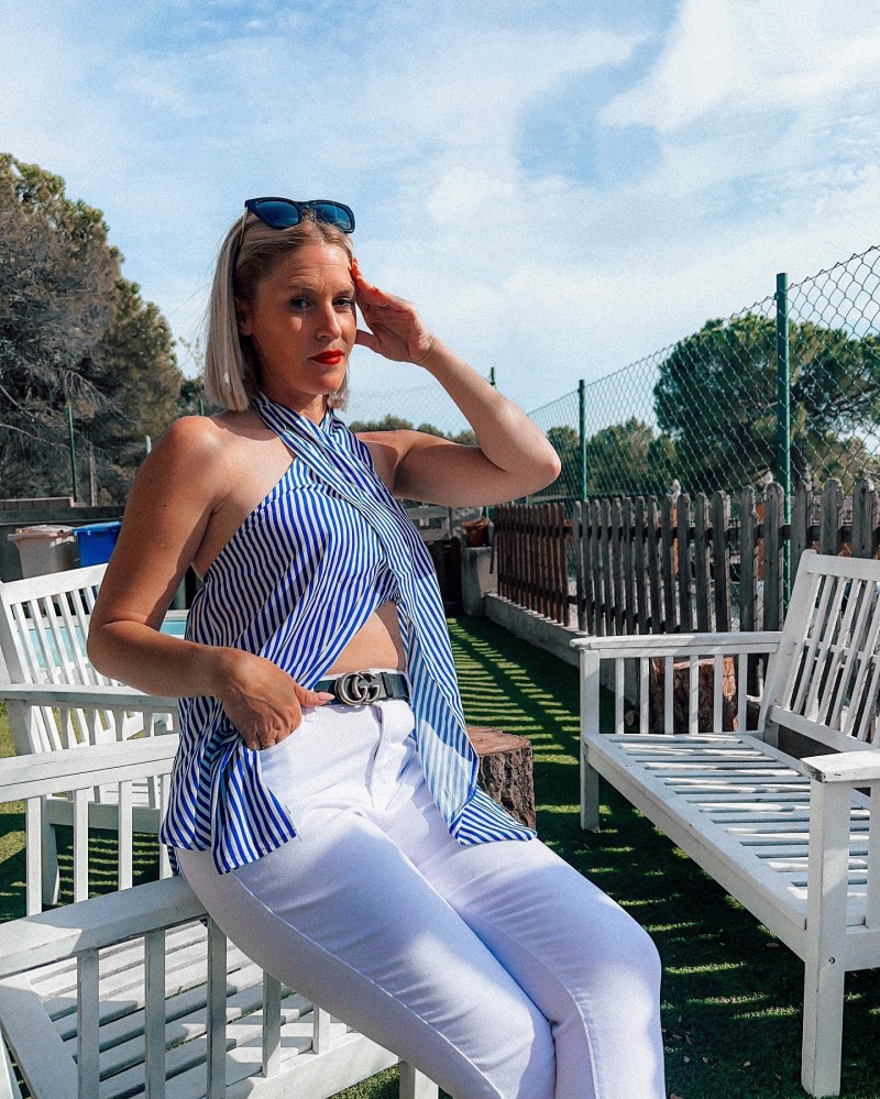 ROTITA Striped Cross Front Navy Blue Halter Tank Top