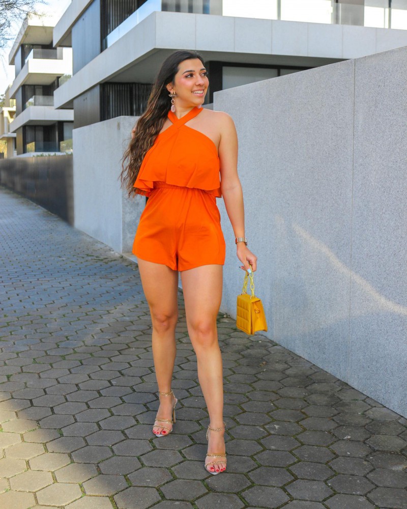Orange jumpsuits&rompers,Plain Color jumpsuits&rompers,ROTITA Ruffle Orange Short Cross Collar Sleeveless Romper
