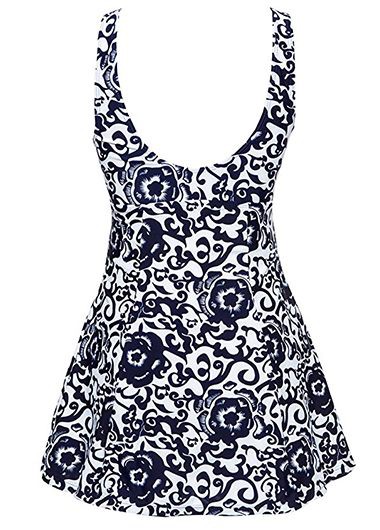 Printed Open Back Bowknot Embellished Navy Blue Swimdress | Rotita.com ...