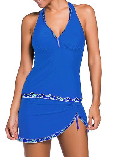 Royal Blue swimwear,Contrast Color swimwear,Mid Waist Halter Neck Royal Blue Tankini Set