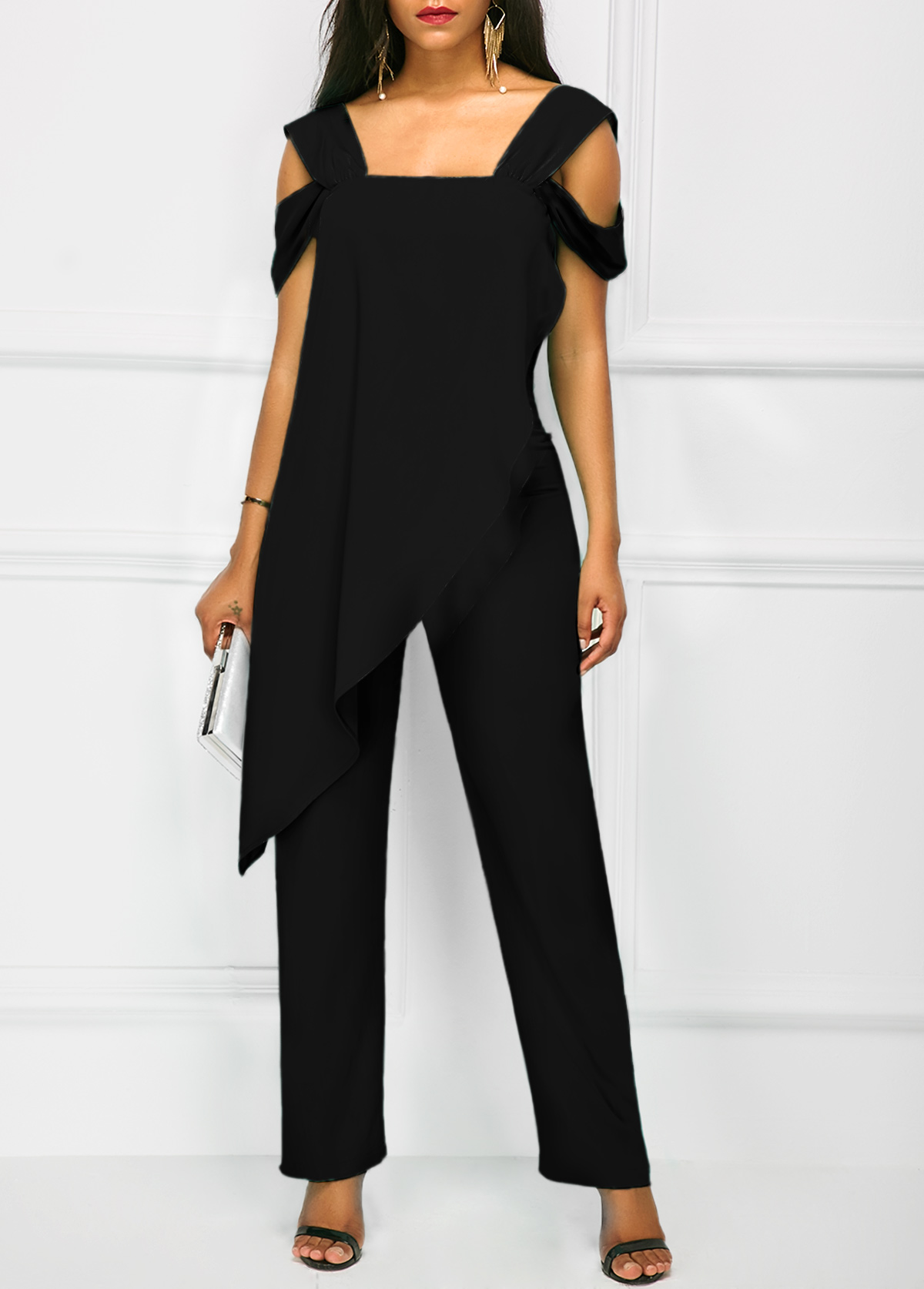 overlay embellished strappy cold shoulder black jumpsuit