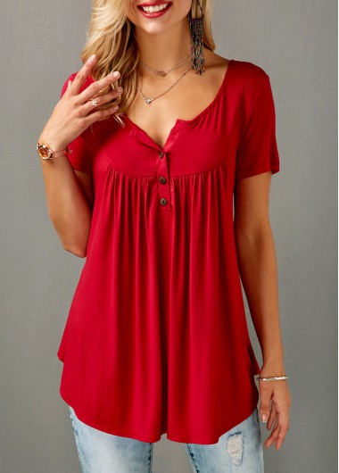 Split Neck Short Sleeve Red Curved Blouse