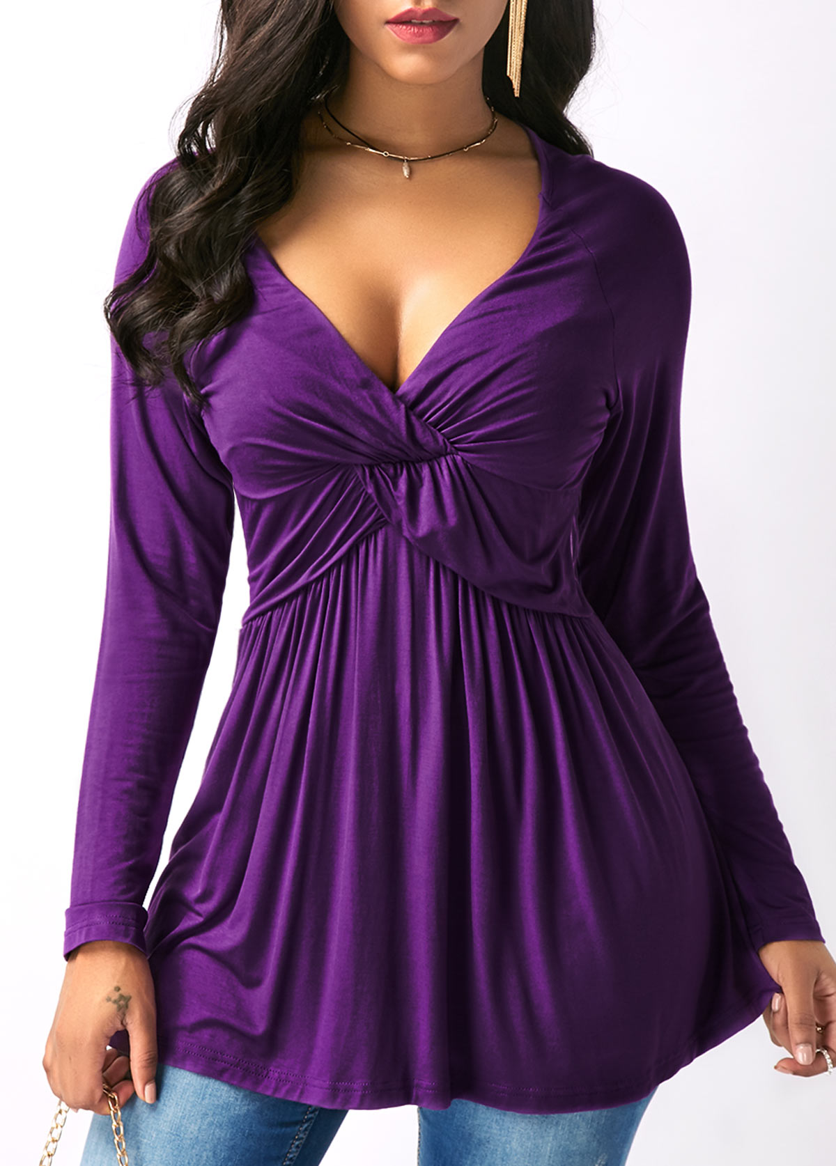 ROTITA Long Sleeve V Neck Purple T Shirt