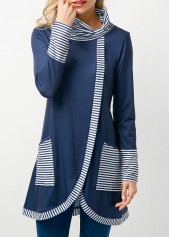 Asymmetric Hem Stripe Print Cowl Neck Navy T Shirt