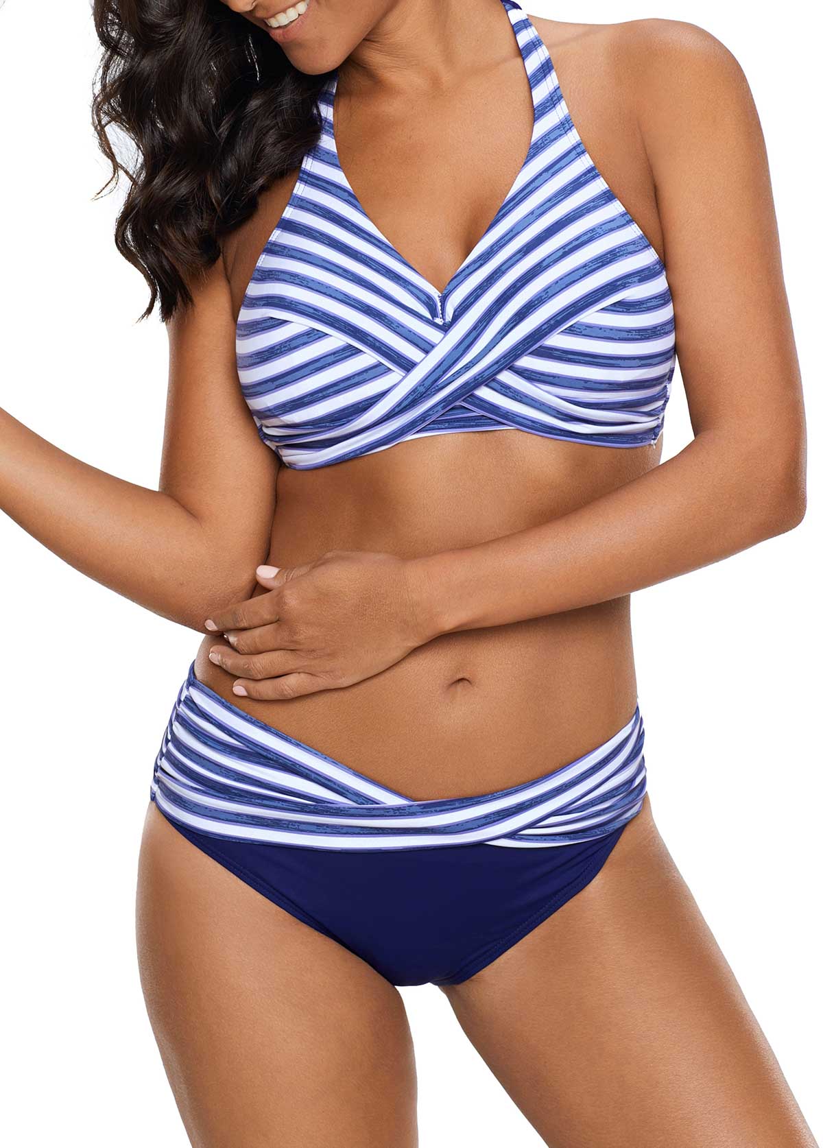 Blue swimwear,Striped swimwear,ROTITA Halter Striped Twist Front Blue Bikini Set