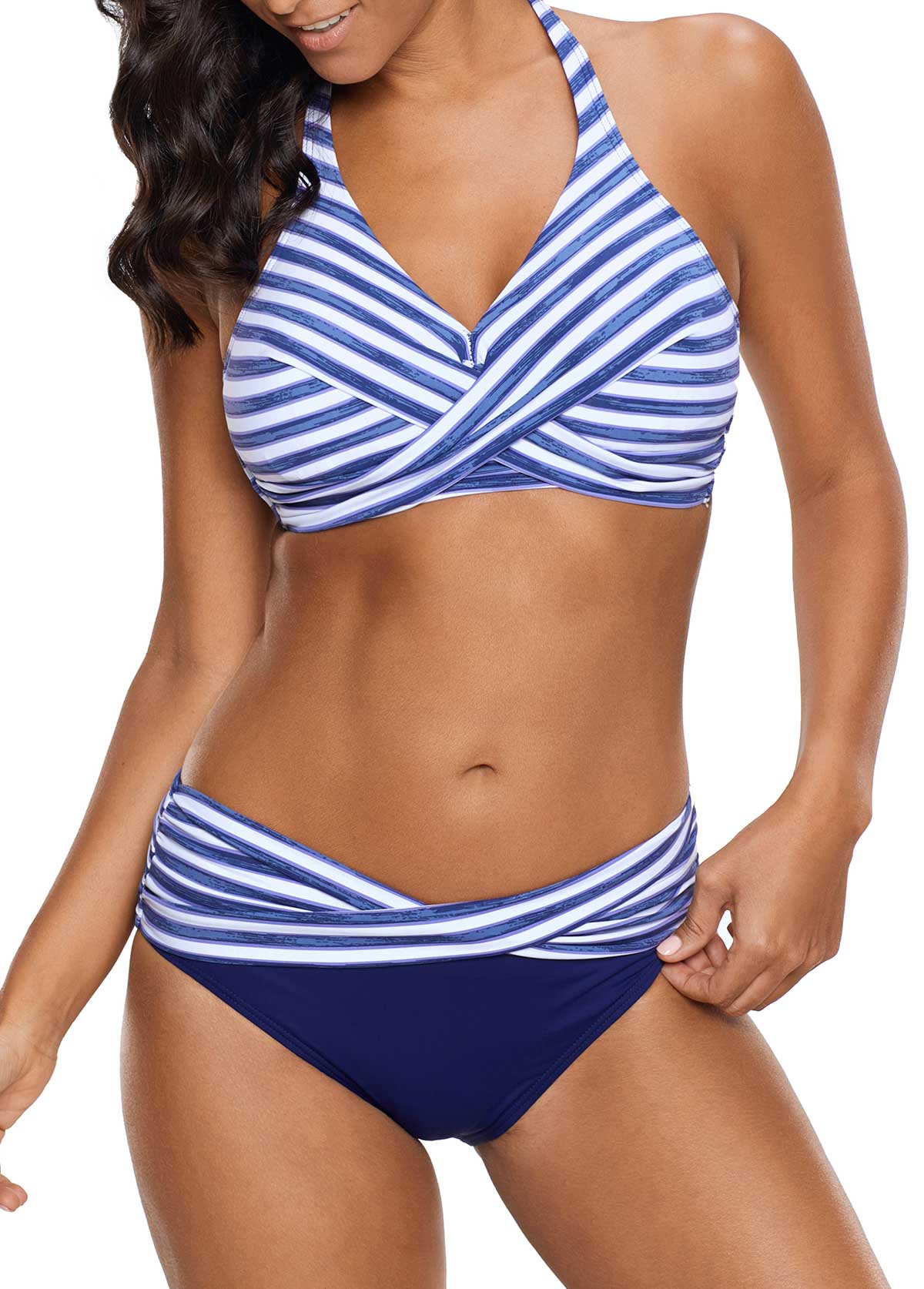Blue swimwear,Striped swimwear,ROTITA Halter Striped Twist Front Blue Bikini Set