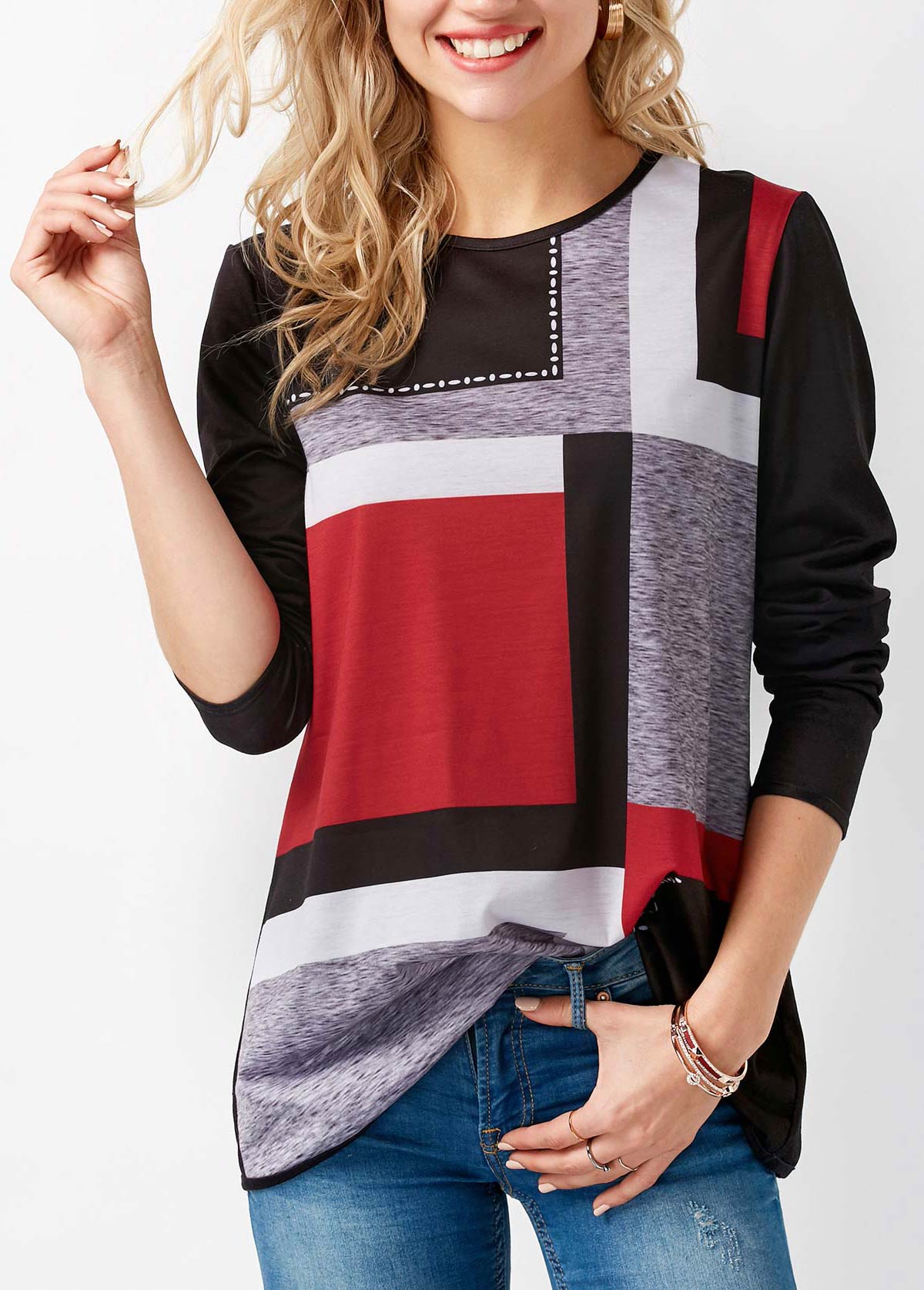 Round Neck Printed Long Sleeve Black Blouse