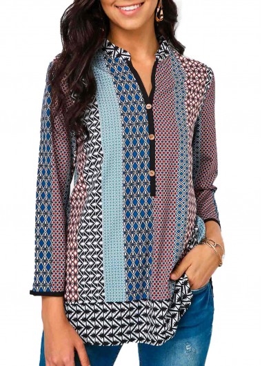 Split Neck Button Detail Printed Pleated Blouse