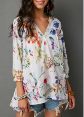 Printed Three Quarter Sleeve Button Neck Blouse