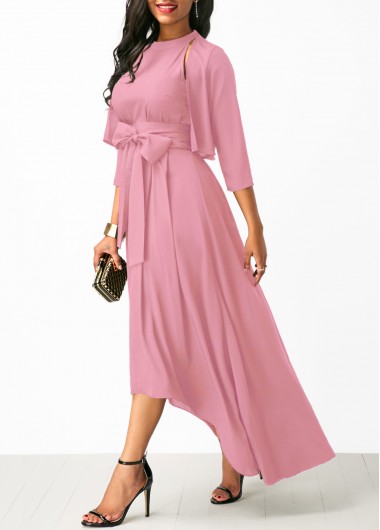 Pink dresses,Plain Color dresses,ROTITA Pink Cardigan and High Low Belted Dress