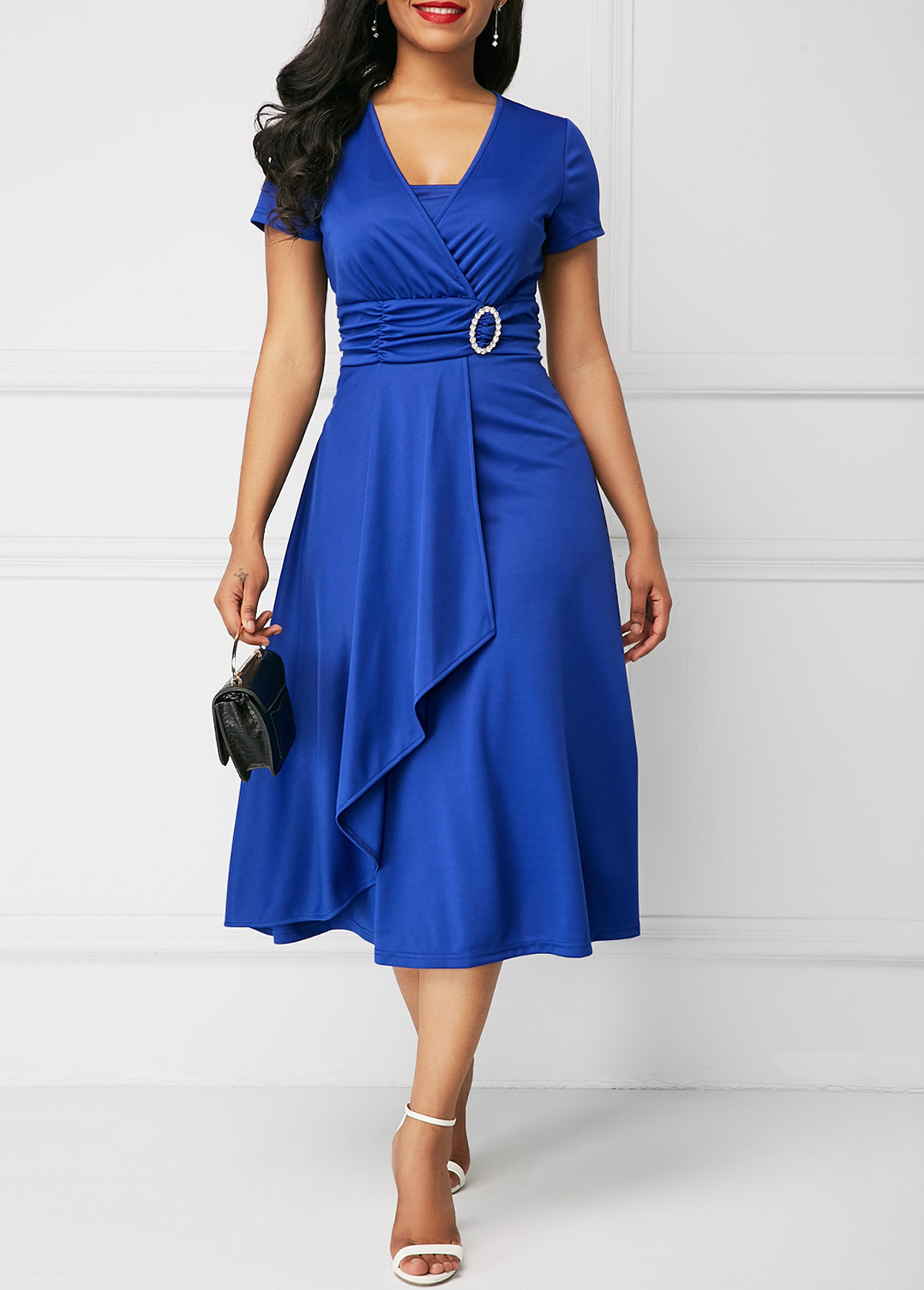 Short Sleeve Royal Blue Asymmetric Hem Dress | Rotita.com - USD $33.96