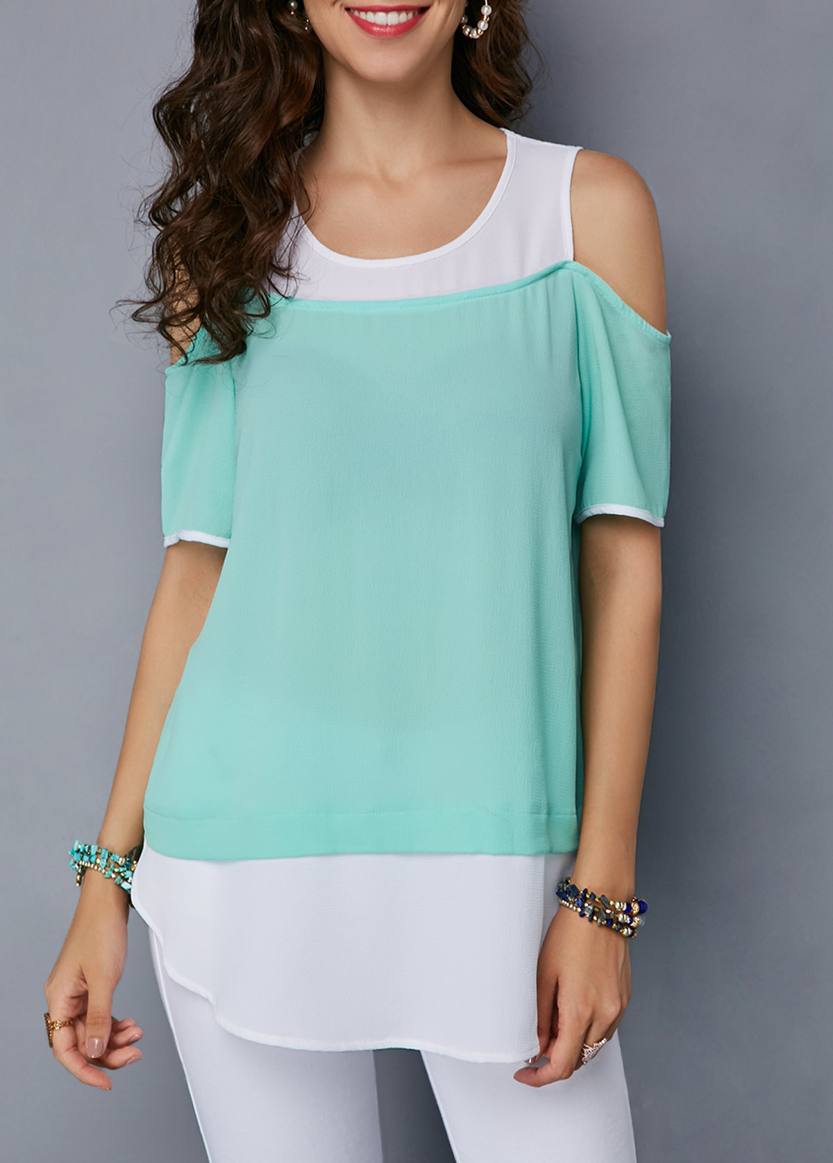 Mint Green tops,Contrast Color tops,ROTITA Mint Green Cold Shoulder Curved Blouse