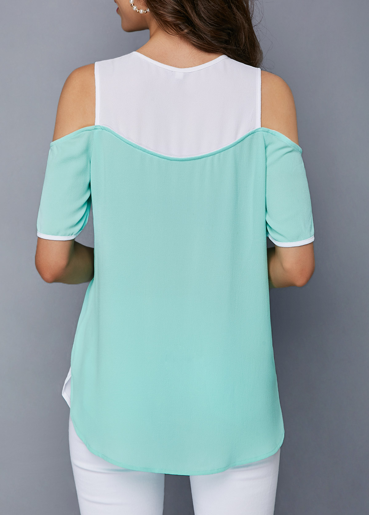 Mint Green tops,Contrast Color tops,ROTITA Mint Green Cold Shoulder Curved Blouse
