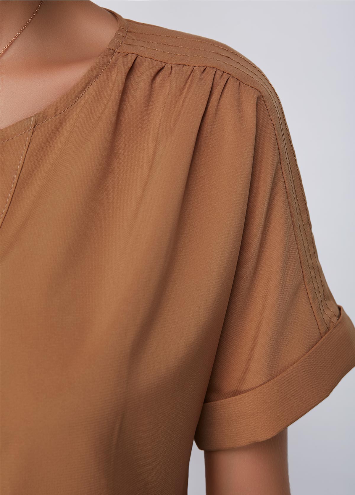 Dark Camel tops,Plain Color tops,ROTITA Curved Hem Split Neck Short Sleeve Blouse