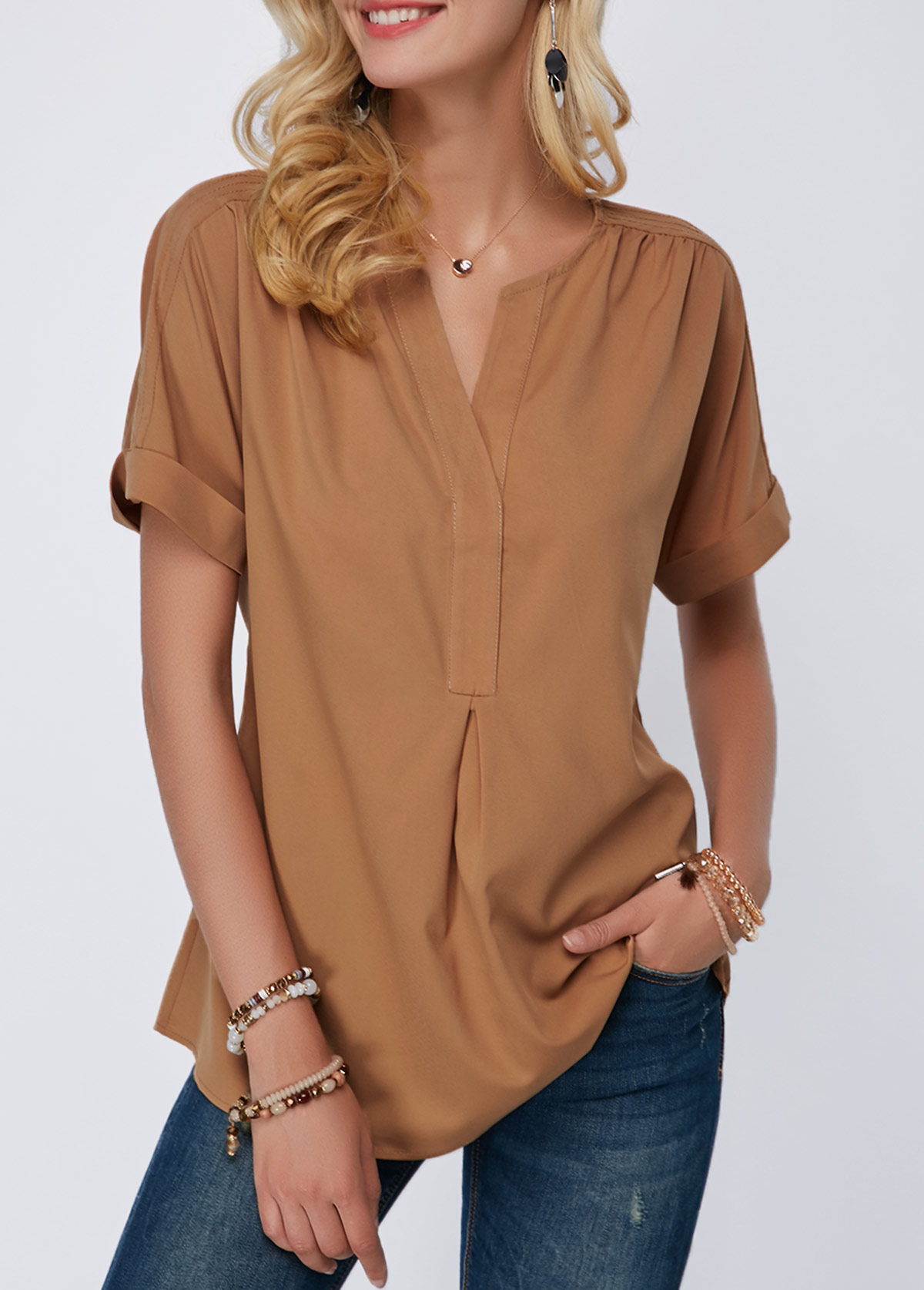 Rotita Curved Hem Split Neck Short Sleeve Blouse Usd 2777