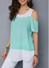 Mint Green tops,Contrast Color tops,ROTITA Mint Green Cold Shoulder Curved Blouse