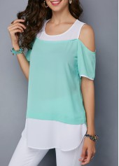Mint Green tops,Contrast Color tops,ROTITA Mint Green Cold Shoulder Curved Blouse