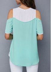 Mint Green tops,Contrast Color tops,ROTITA Mint Green Cold Shoulder Curved Blouse