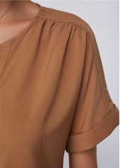 Dark Camel tops,Plain Color tops,ROTITA Curved Hem Split Neck Short Sleeve Blouse