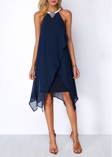 Plain Color dresses,Party dresses,Elegant dresses,ROTITA Asymmetric Hem Embellished Neck Chiffon Overlay Dress