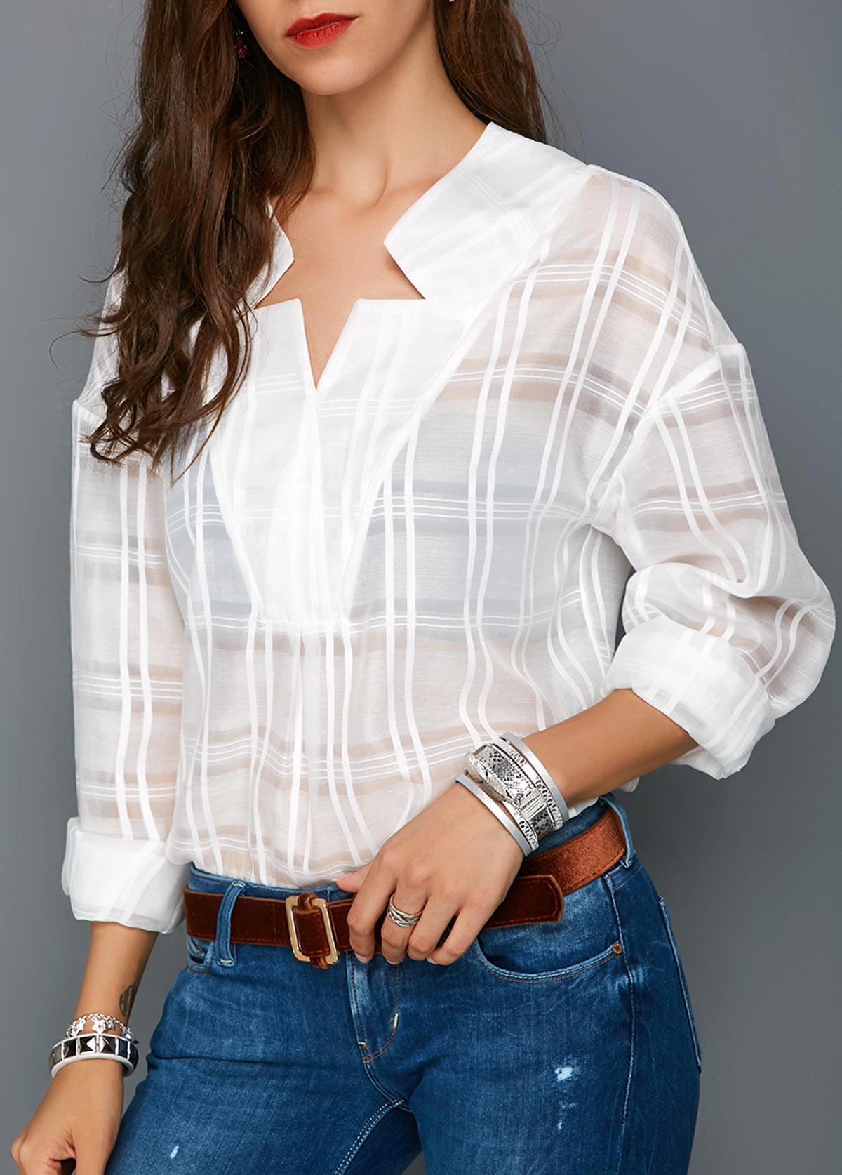 White tops,Plain Color tops,ROTITA Roll Sleeve Curved Hem White Blouse