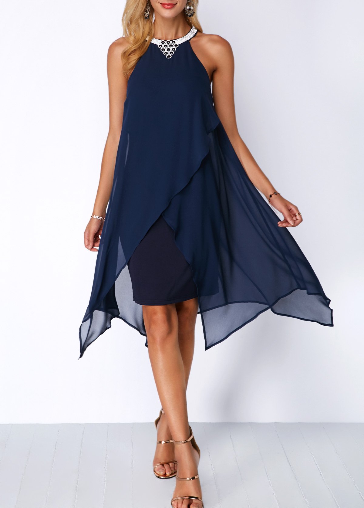 ROTITA Asymmetric Hem Embellished Neck Chiffon Overlay Dress