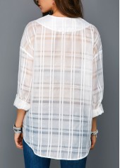 White tops,Plain Color tops,ROTITA Roll Sleeve Curved Hem White Blouse