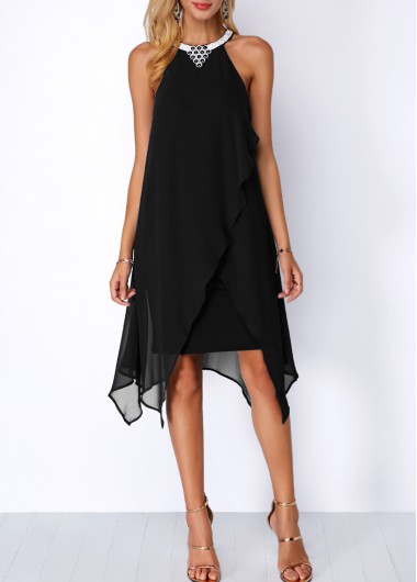 Black Asymmetric Hem Embellished Neck Chiffon Overlay Dress