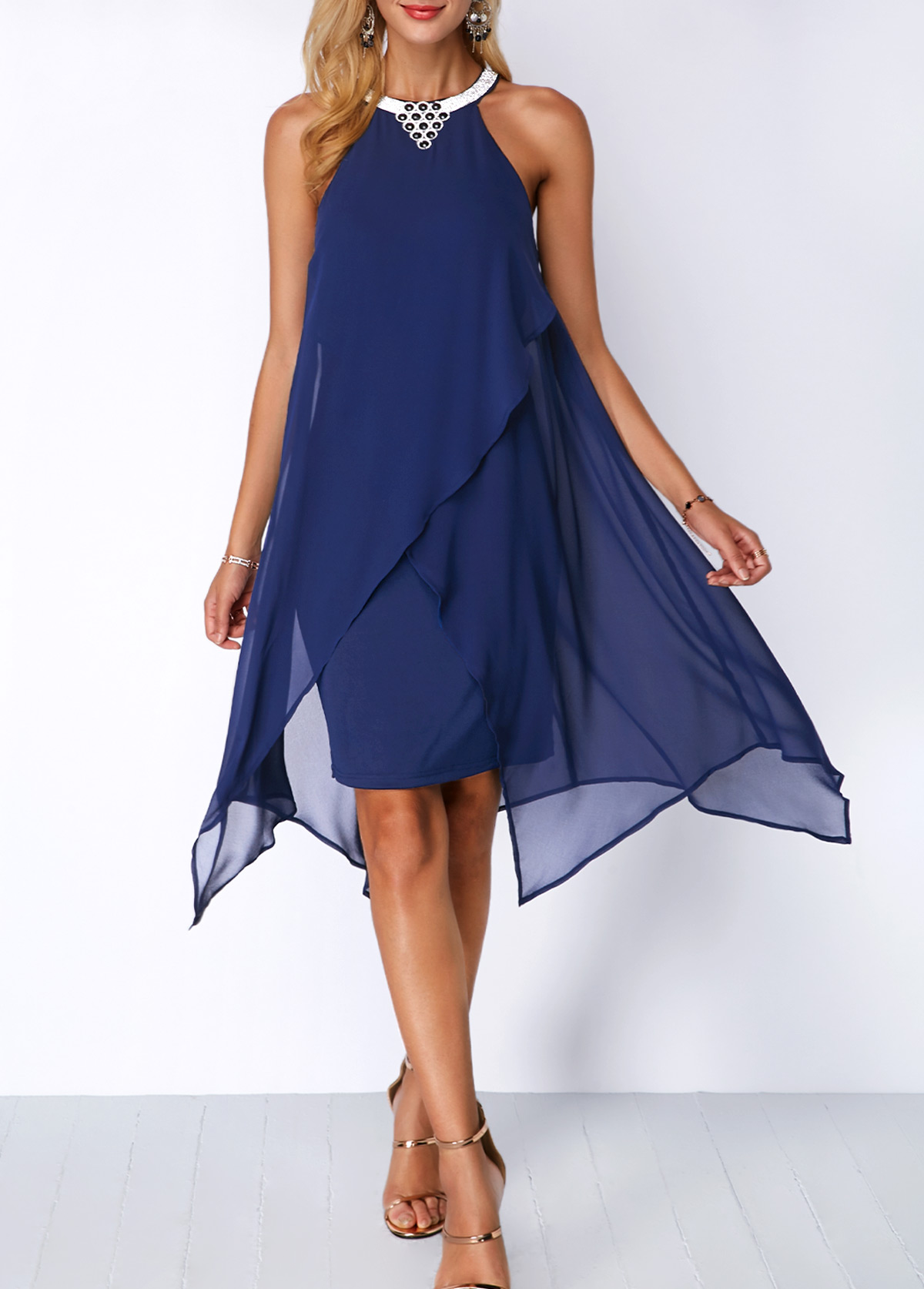 ROTITA Embellished Neck Chiffon Overlay Blue Dress