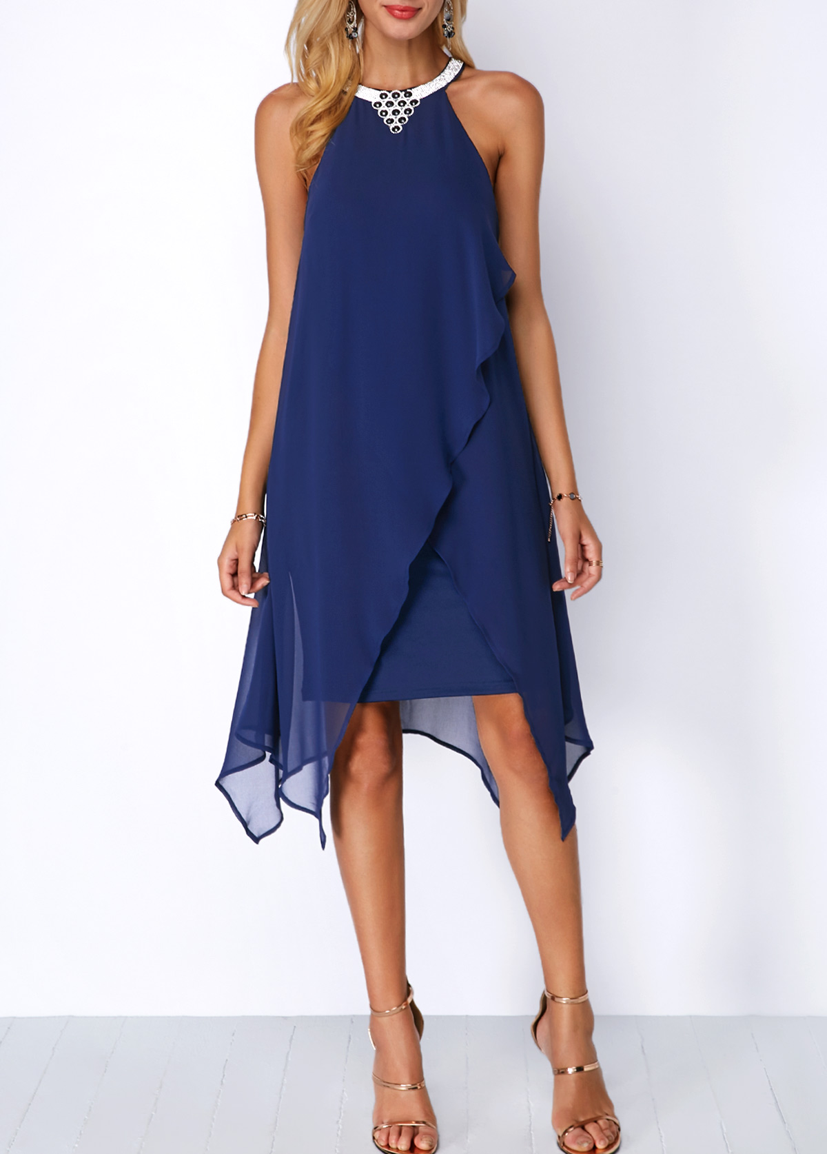 Royal Blue dresses,Plain Color dresses,ROTITA Embellished Neck Chiffon Overlay Blue Dress