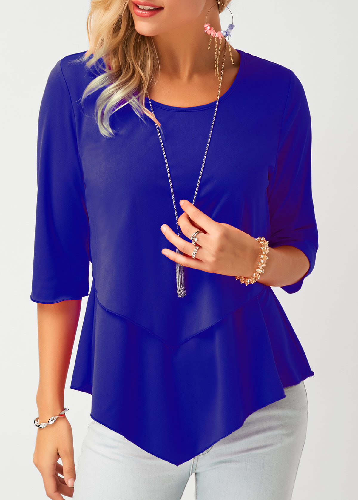 ROTITA Royal Blue Asymmetric Hem Chiffon Blouse | Rotita.com - USD $28.54