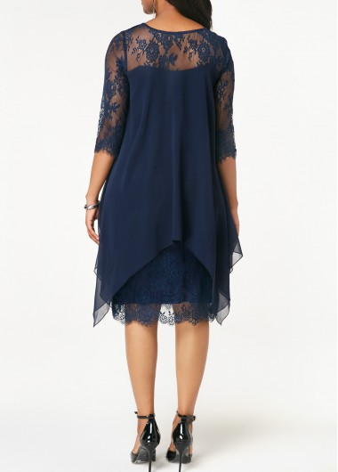 Navy dresses,Plain Color dresses,ROTITA Three Quarter Sleeve Chiffon Overlay Navy Blue Lace Dress