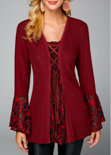 Wine Red tops,Plain Color tops,ROTITA Lace Up Flare Sleeve Picot Trim Sweater