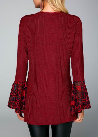 Wine Red tops,Plain Color tops,ROTITA Lace Up Flare Sleeve Picot Trim Sweater