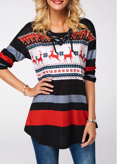 Multi Color tops,Floral tops,ROTITA Elk Print Curved Hem Lace Up Sweatshirt