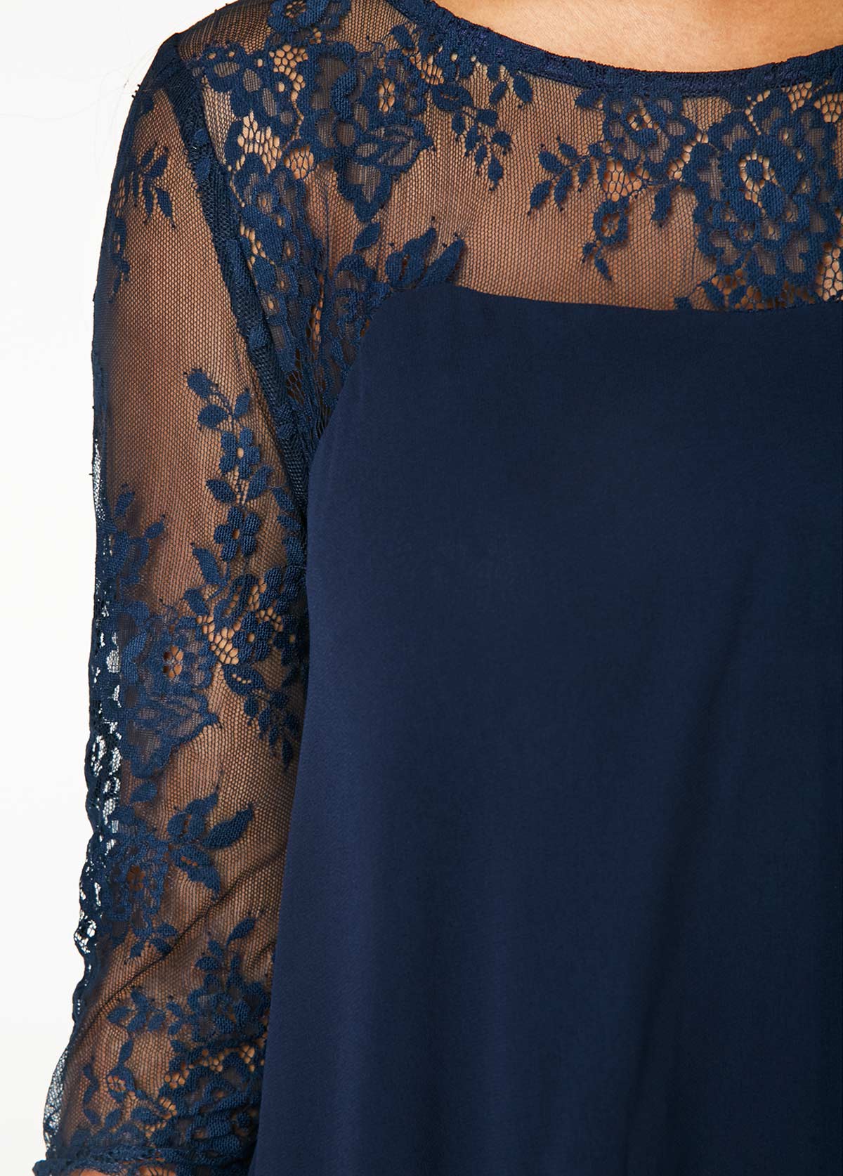 chiffon overlay navy three quarter sleeve lace dress