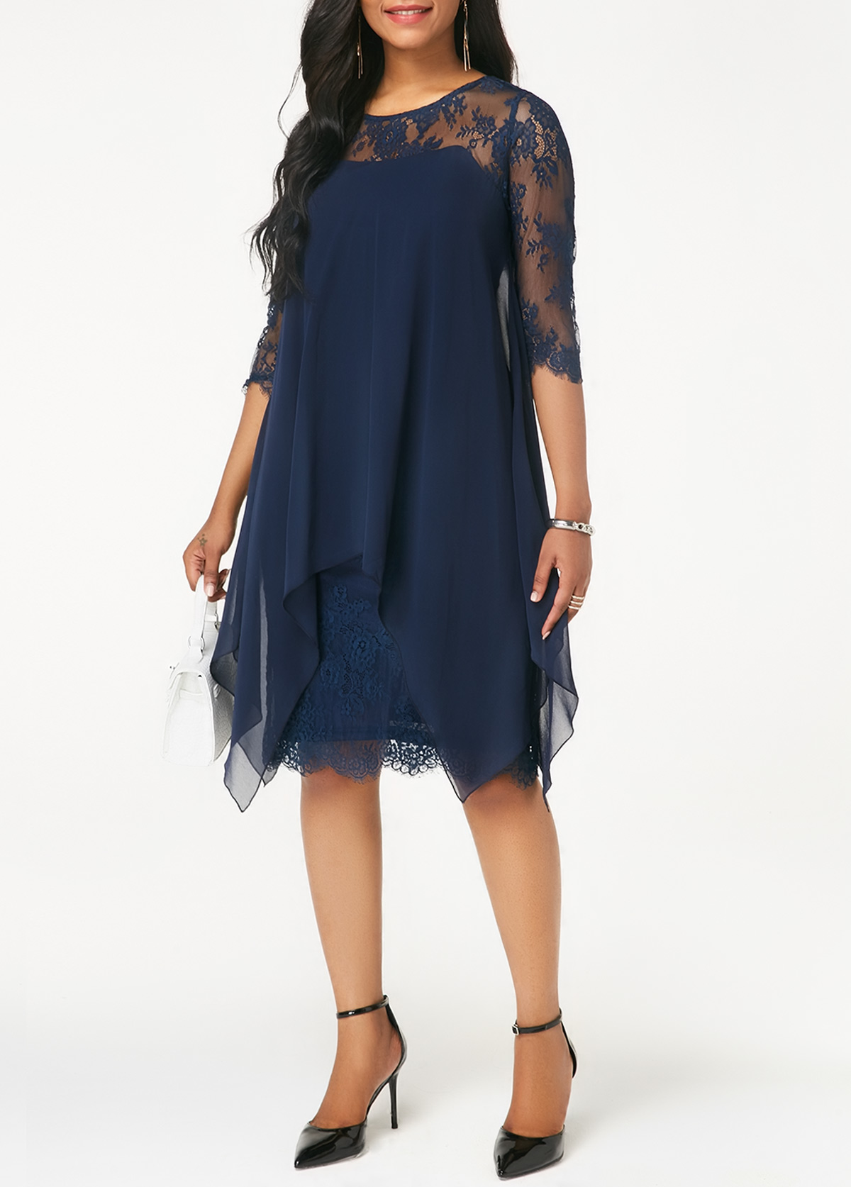 three quarter sleeve chiffon overlay navy lace dress